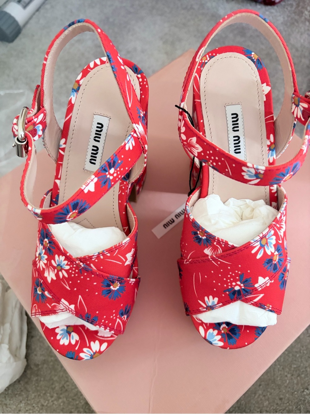 Miu Miu Daisy Print Twill Platform Sandals